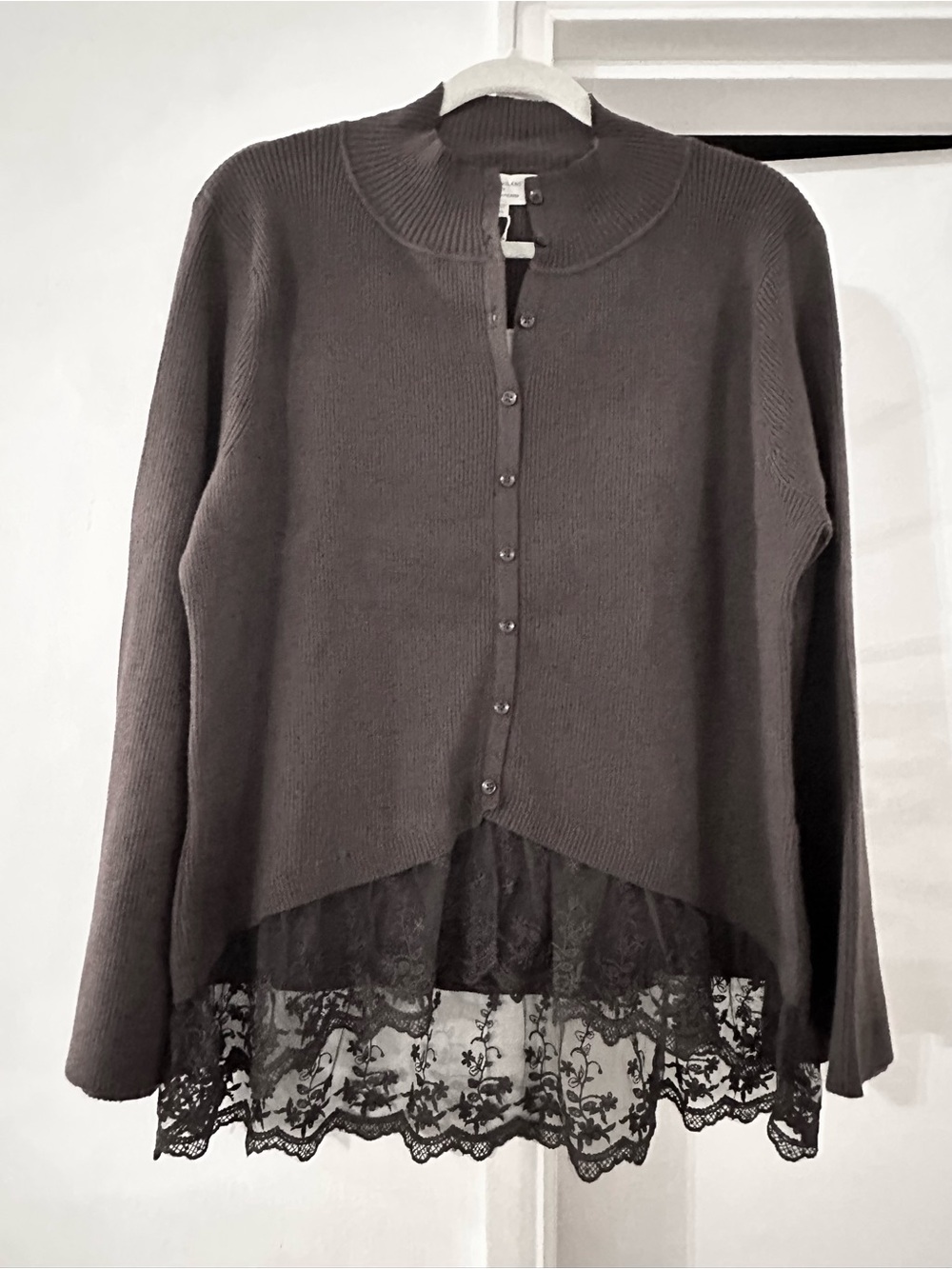 Lace-Hem Button Cardigan Sweater - Brown
